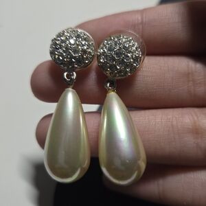 Raindrop Faux Pearl Earrings With Round Rhinestone Encrusted Silver Plated Base